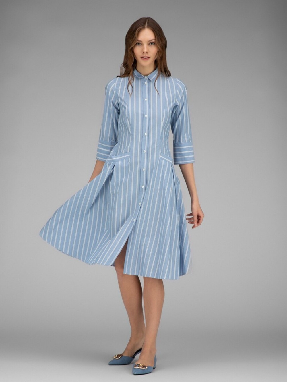 Rosso35 Light Blue & White Striped Midi Shirt Dress